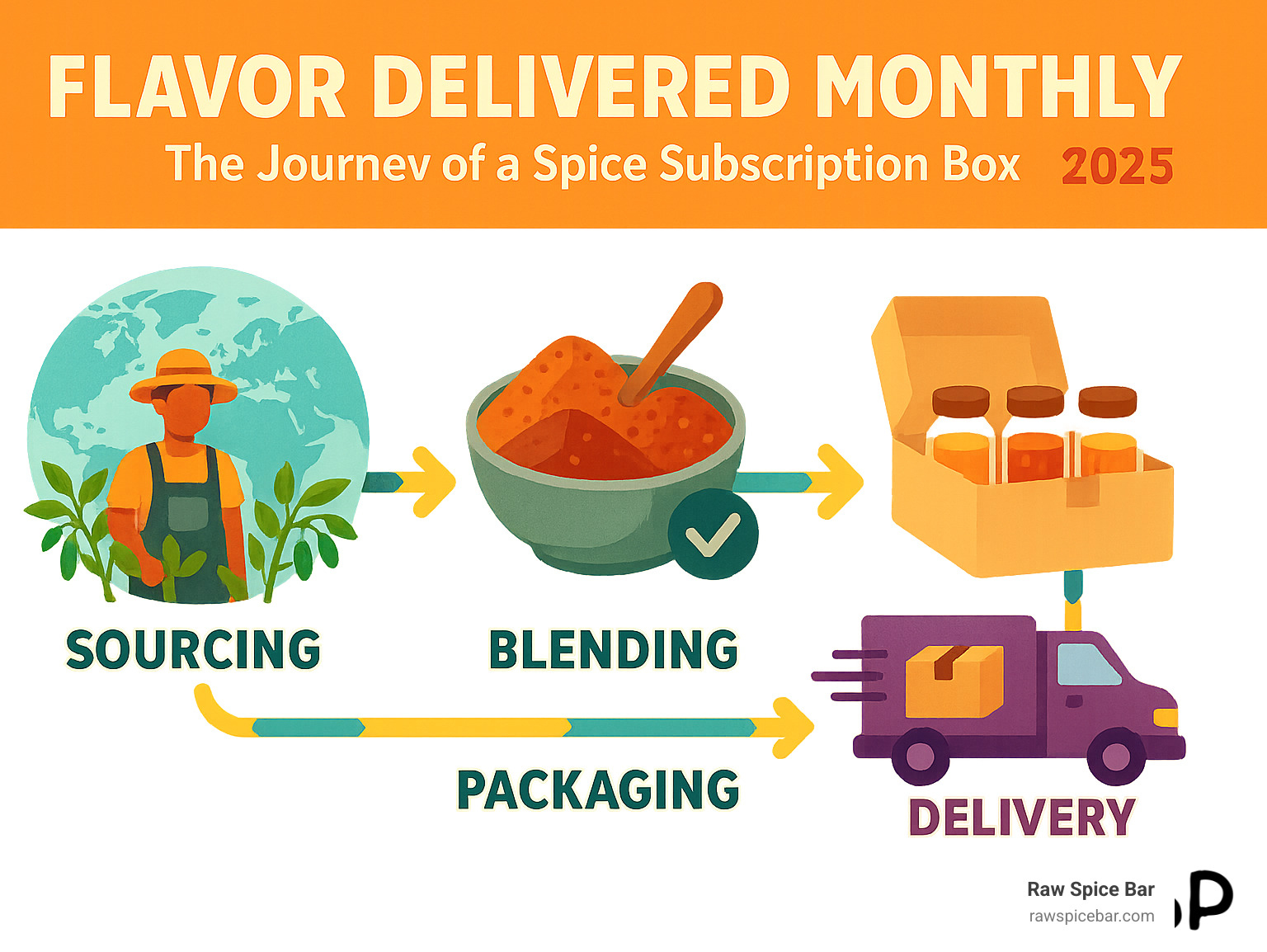 Infographic showing the journey of spices from small farms around the world, through careful blending and quality testing, to being freshly packed in monthly subscription boxes and delivered to home kitchens, with icons representing sourcing, blending, packaging, and delivery stages - cooking spices subscription box infographic 