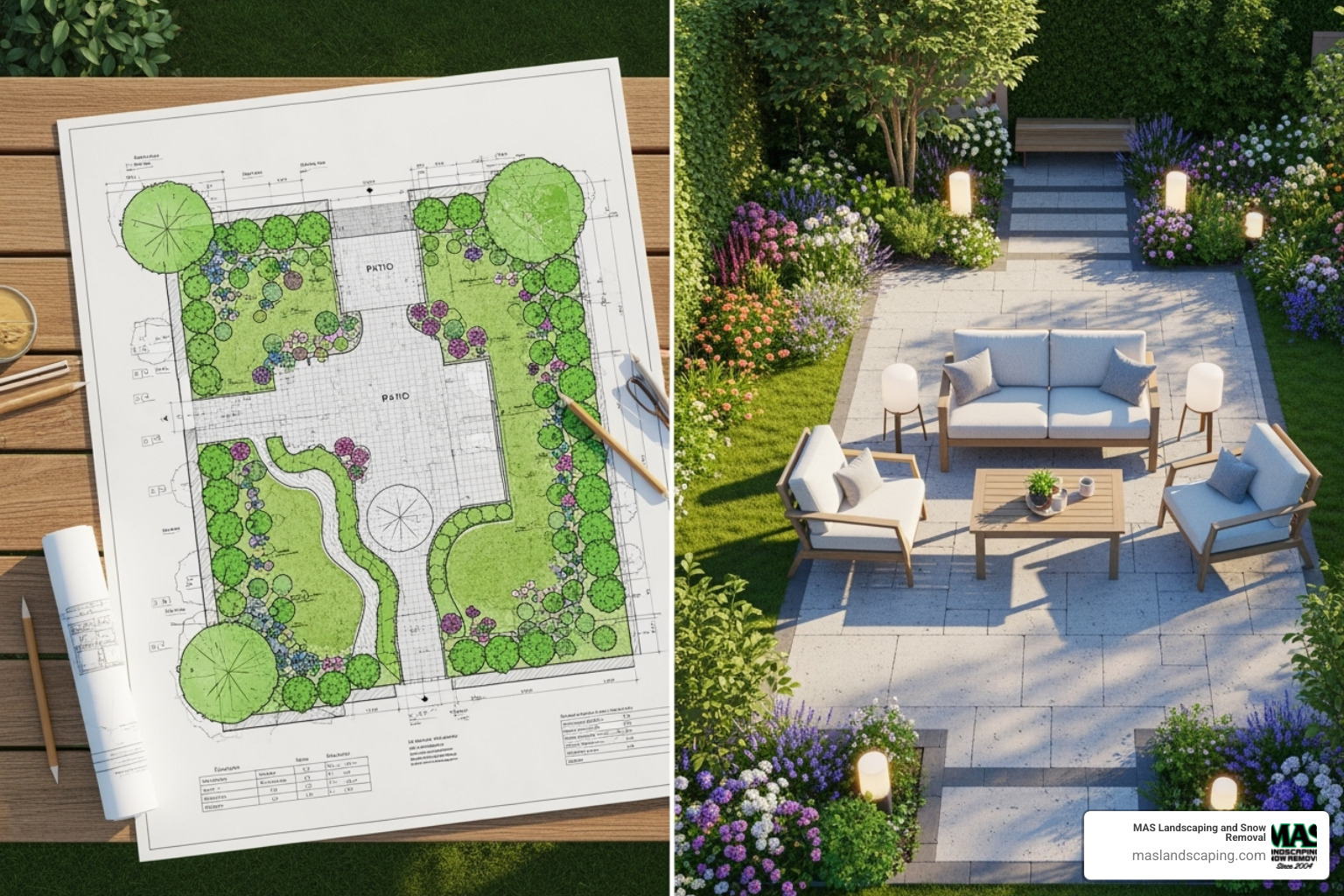 landscape design blueprint next to finished garden - Landscaping Malden MA