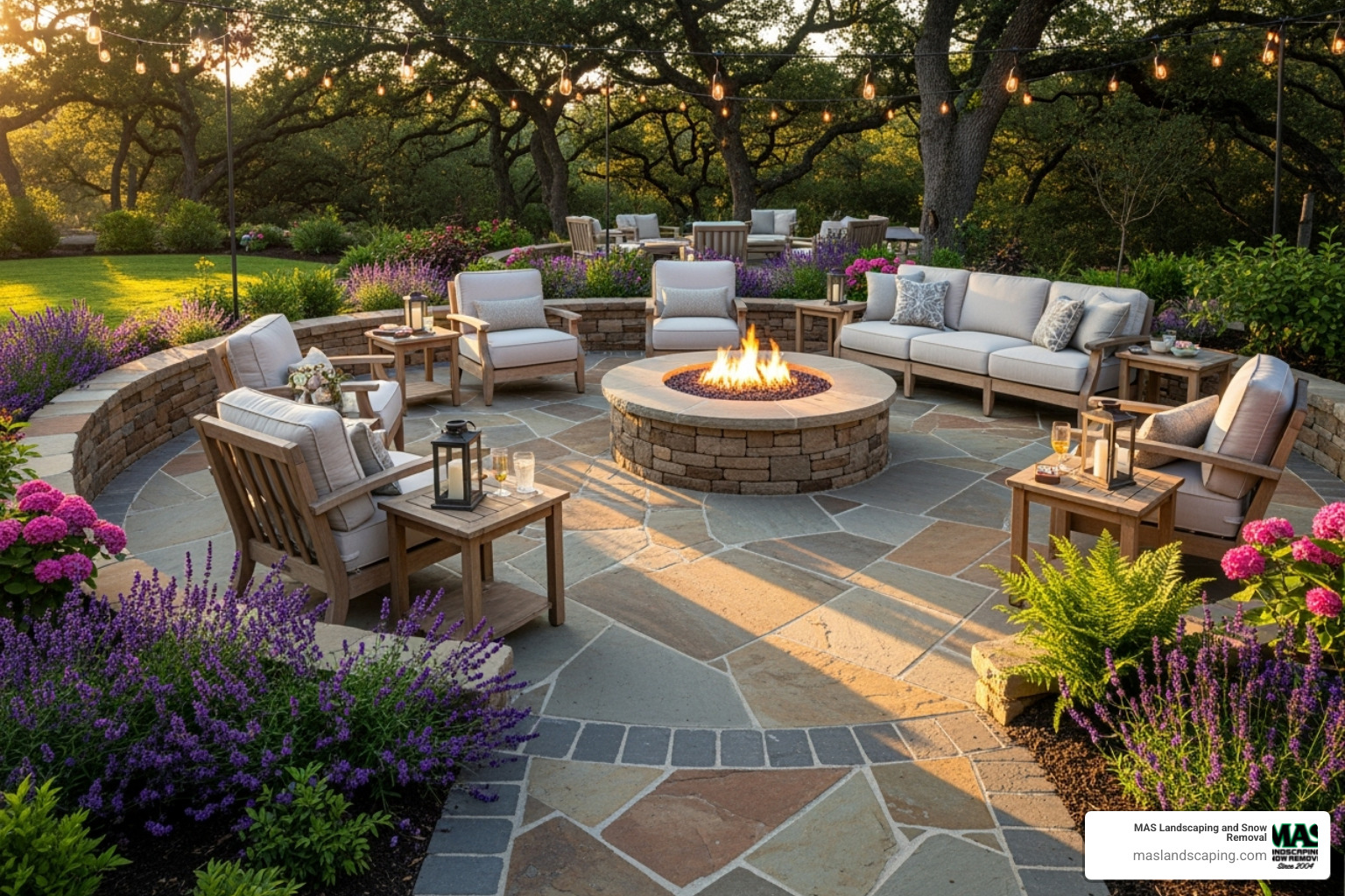 custom stone patio with fire pit - Landscaping Malden MA