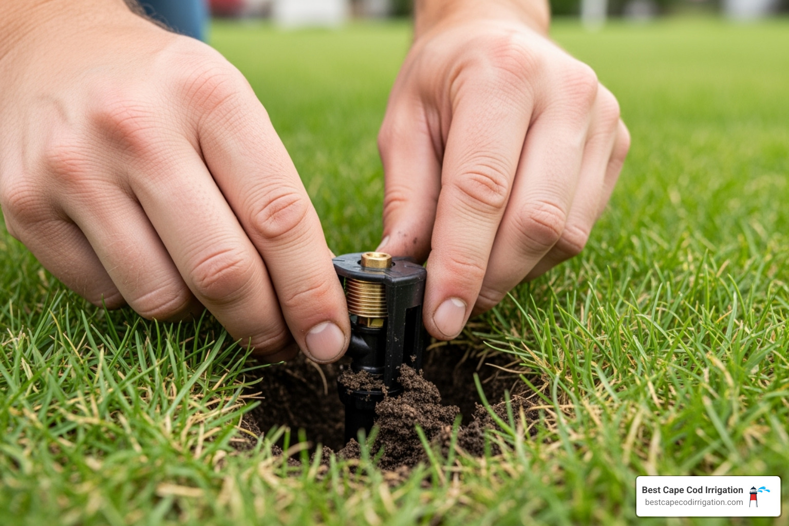 Image of a technician carefully installing a sprinkler head - professional sprinkler system