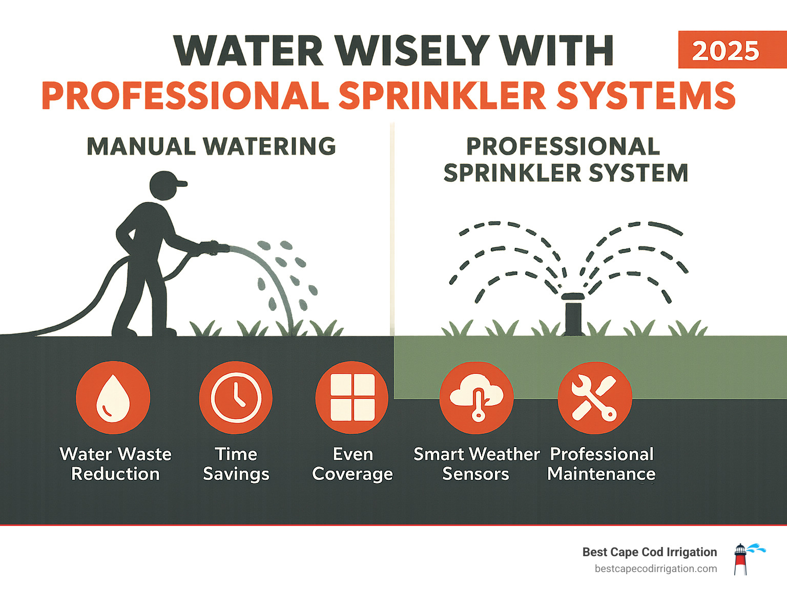 Infographic showing comparison between manual watering with hose versus professional sprinkler system installation, highlighting water waste reduction, time savings, even coverage zones, smart weather sensors, and professional maintenance benefits - professional sprinkler system infographic 