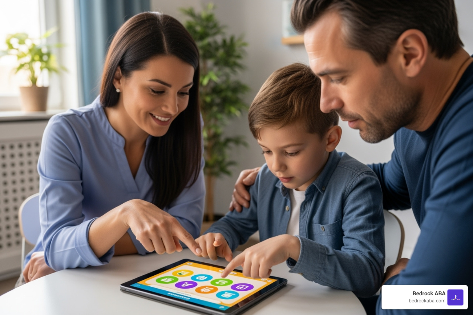 parent, child, and therapist collaborating with a tablet - aba therapy for toddlers