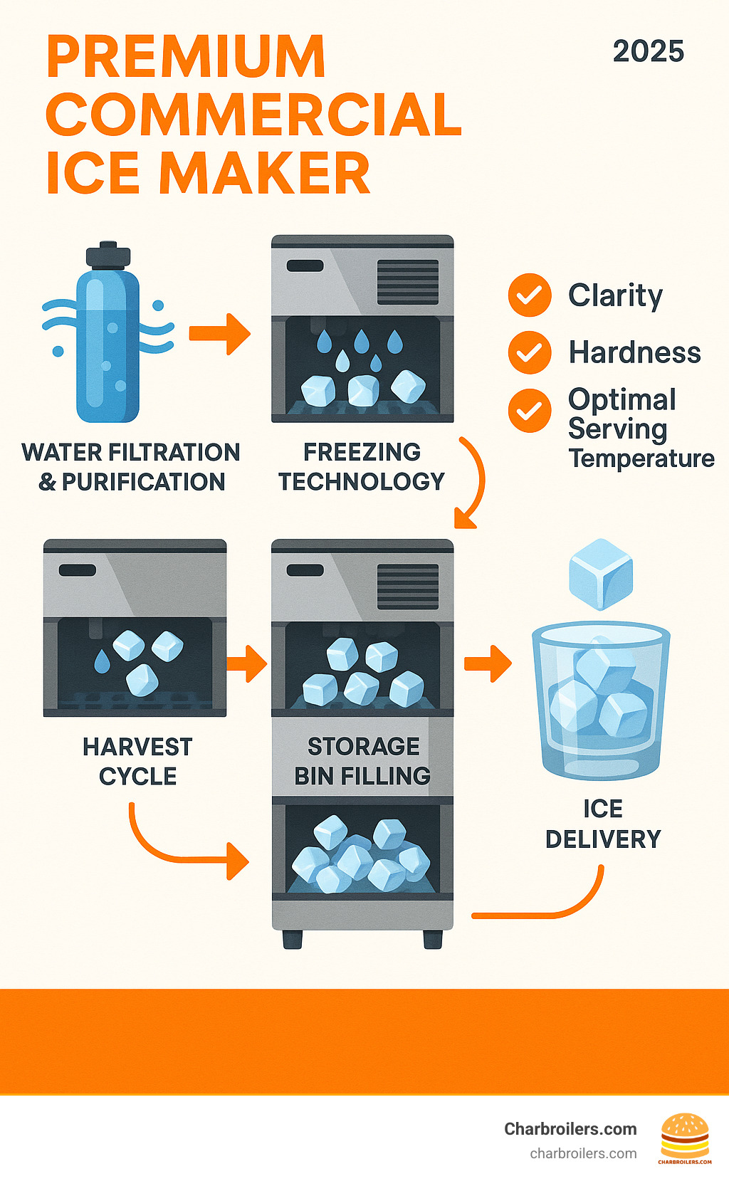 Infographic showing the complete ice-making process in premium commercial machines, from water filtration and purification through freezing technology, harvest cycles, storage bin filling, and final ice delivery with quality indicators for clarity, hardness, and optimal serving temperature - premium commercial ice maker infographic 