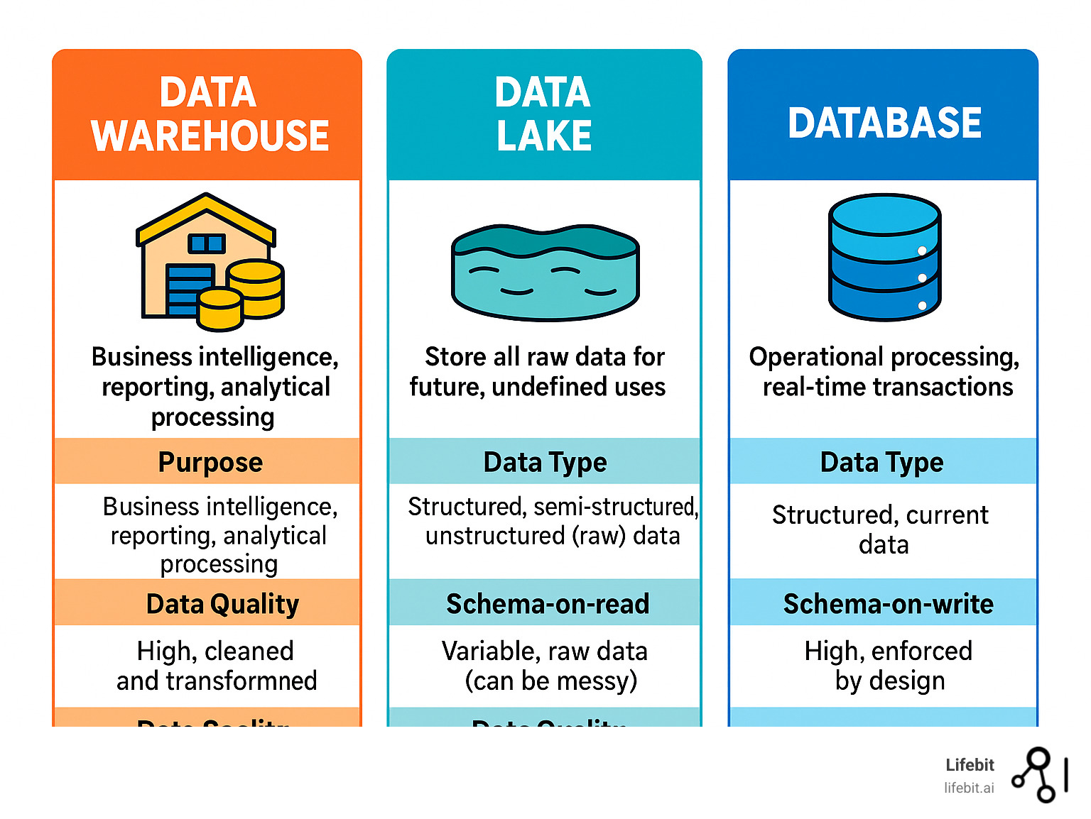 Comparison of Data Warehouse, Data Lake, and Database - data warehouses infographic 