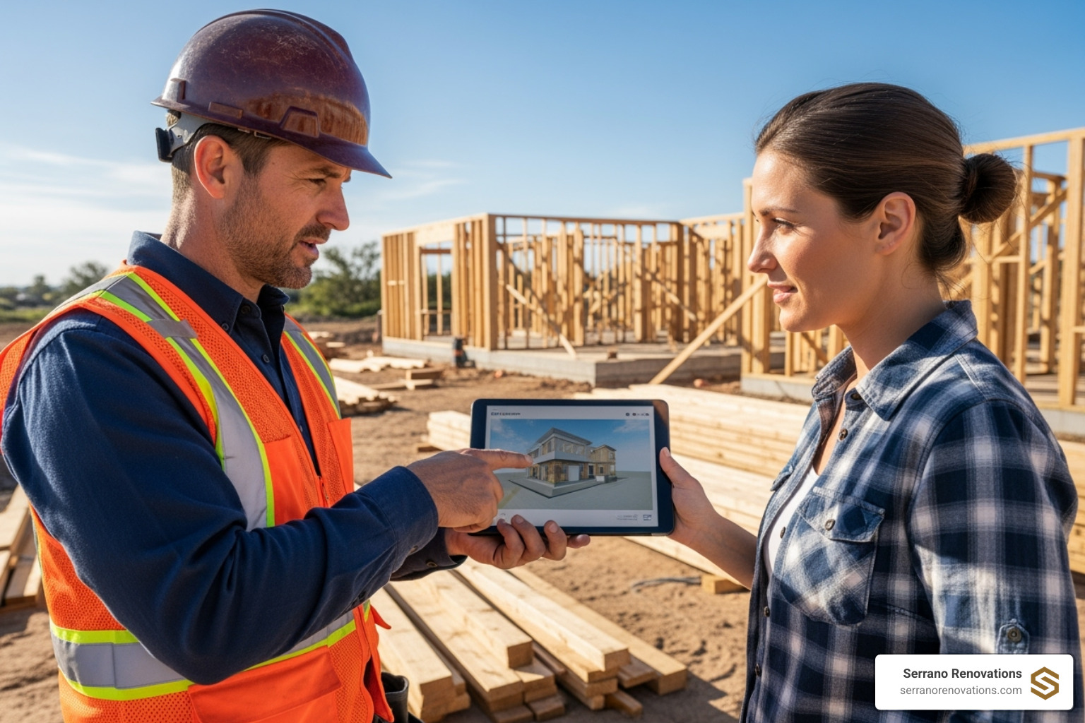 Contractor and homeowner reviewing plans on a tablet at the job site - addition contractors