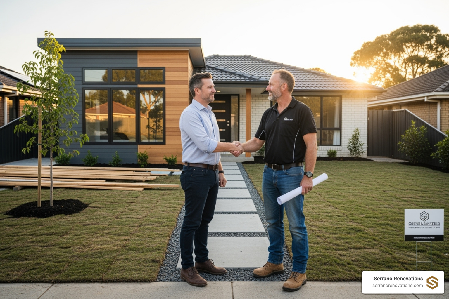 Homeowner shaking hands with a contractor on a finished project - addition contractors