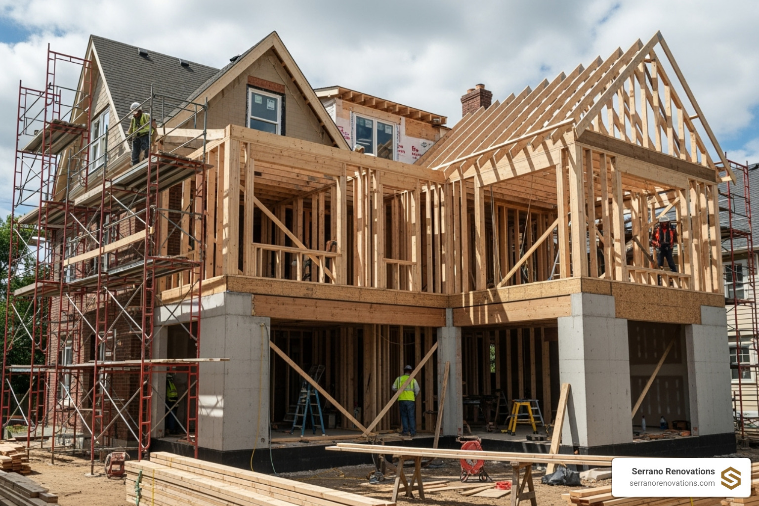 Complex two-story addition project under construction - addition contractors