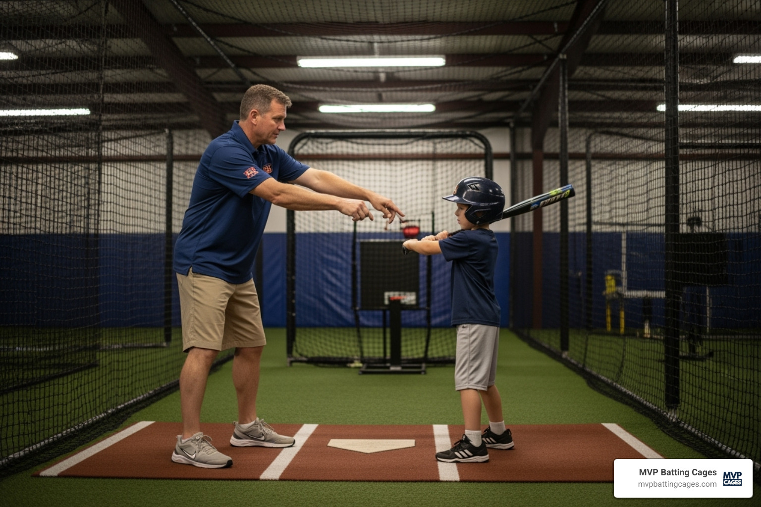 A coach giving one-on-one instruction to a young baseball player in an indoor batting cage, demonstrating proper batting form. - indoor baseball