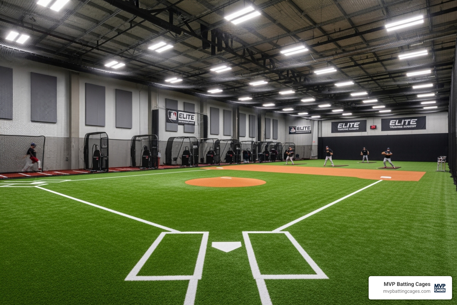 A large, modern indoor baseball facility showing a full-sized turf infield with multiple batting cages and pitching lanes visible in the background, under bright LED lighting. - indoor baseball