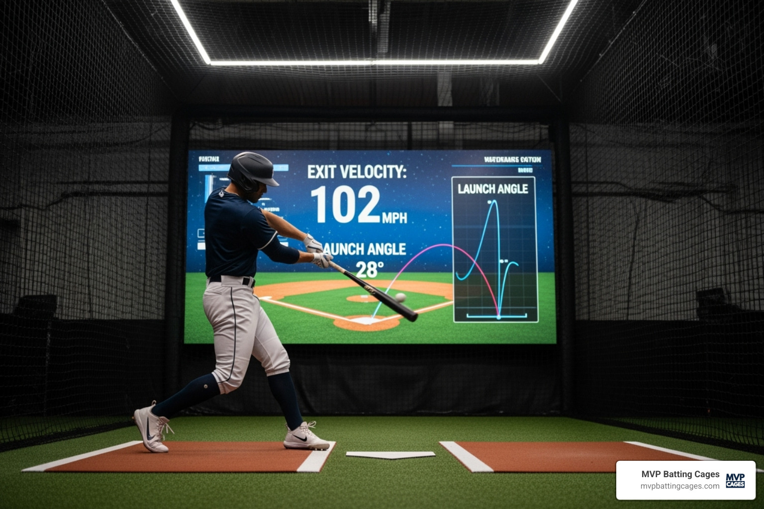 A baseball player using a HitTrax simulator in an indoor batting cage, with a large screen displaying real-time data on exit velocity, launch angle, and ball trajectory. - indoor baseball