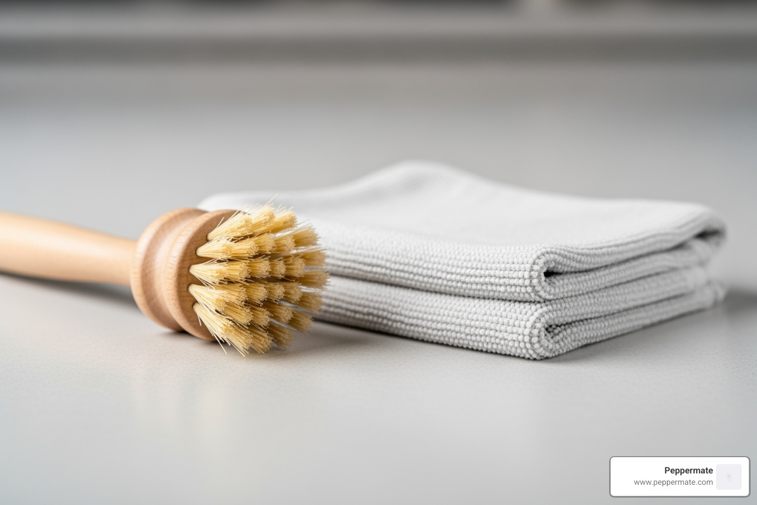 Tools for cleaning a pepper mill, such as a small dry brush and a soft cloth - crank pepper mill grinder