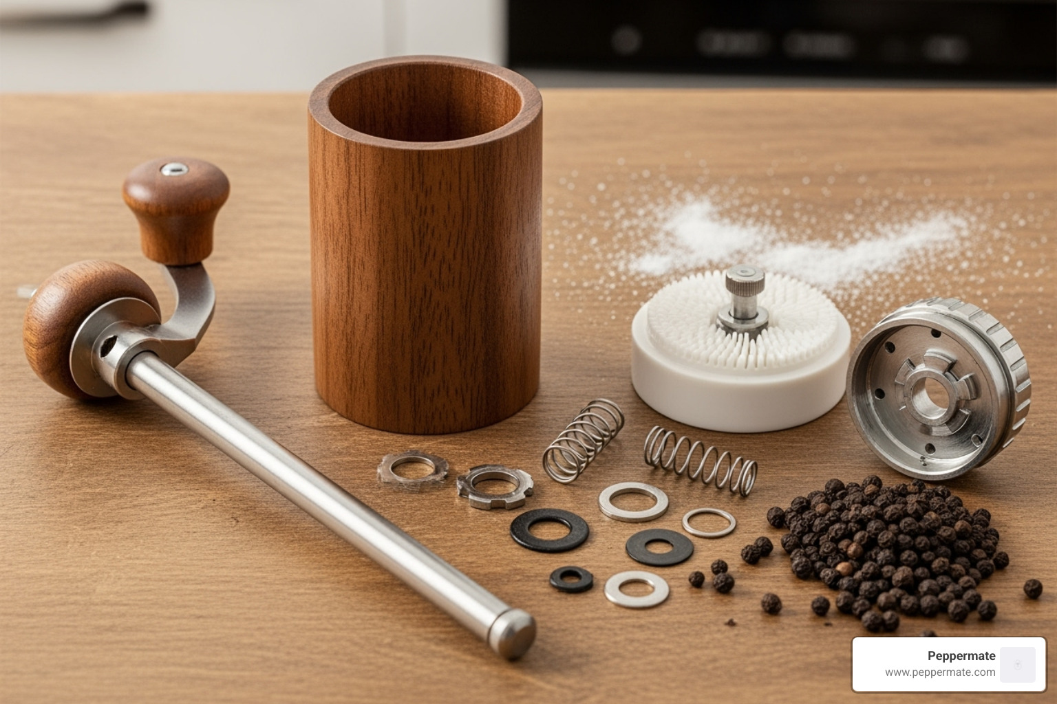 A disassembled Peppermate crank pepper mill showing the body, crank, and internal mechanism - crank pepper mill grinder