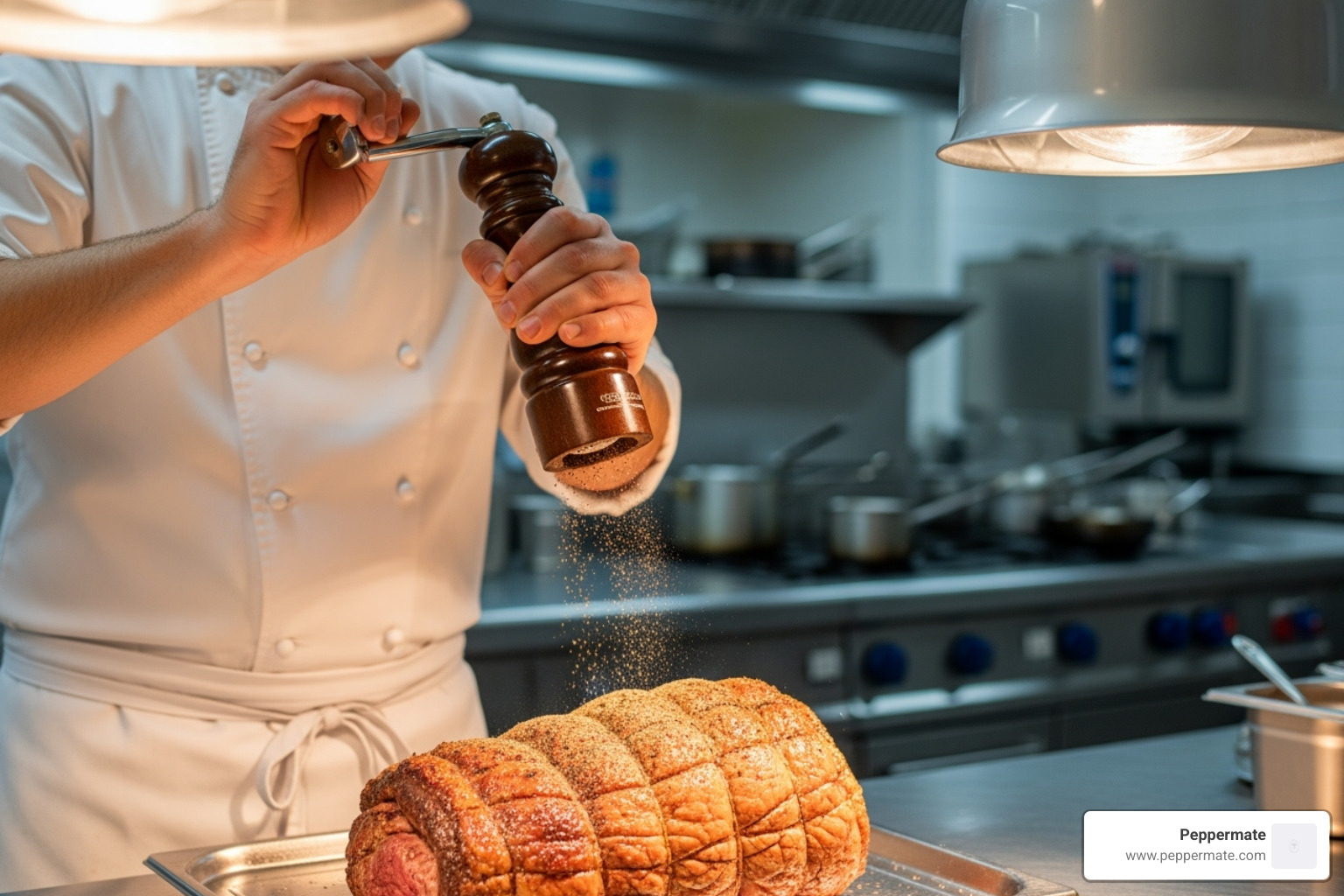 A chef using a Peppermate crank pepper mill to generously season a large roast - crank pepper mill grinder