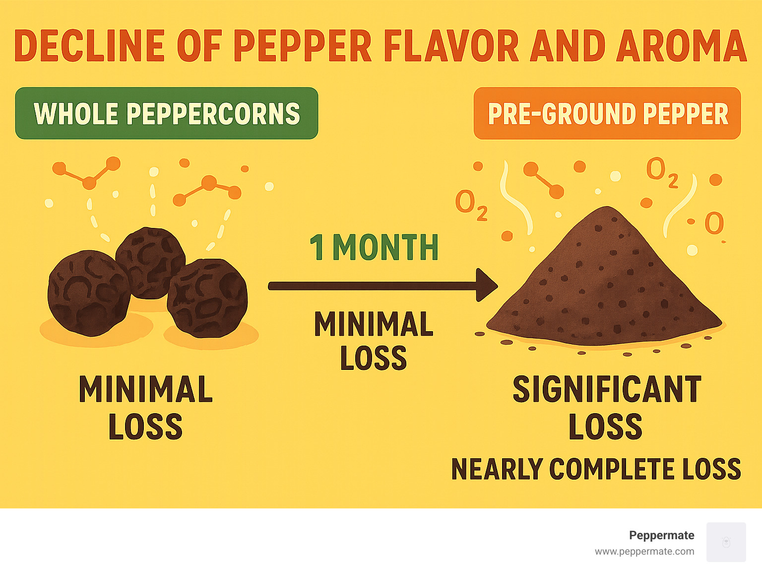 Infographic showing the decline of pepper flavor and aroma over 4 months, comparing whole peppercorns (minimal loss) versus pre-ground pepper (significant loss after 1 month, nearly complete loss by 4 months), with visual representations of aroma molecules escaping and oxidation effects - crank pepper mill grinder infographic 