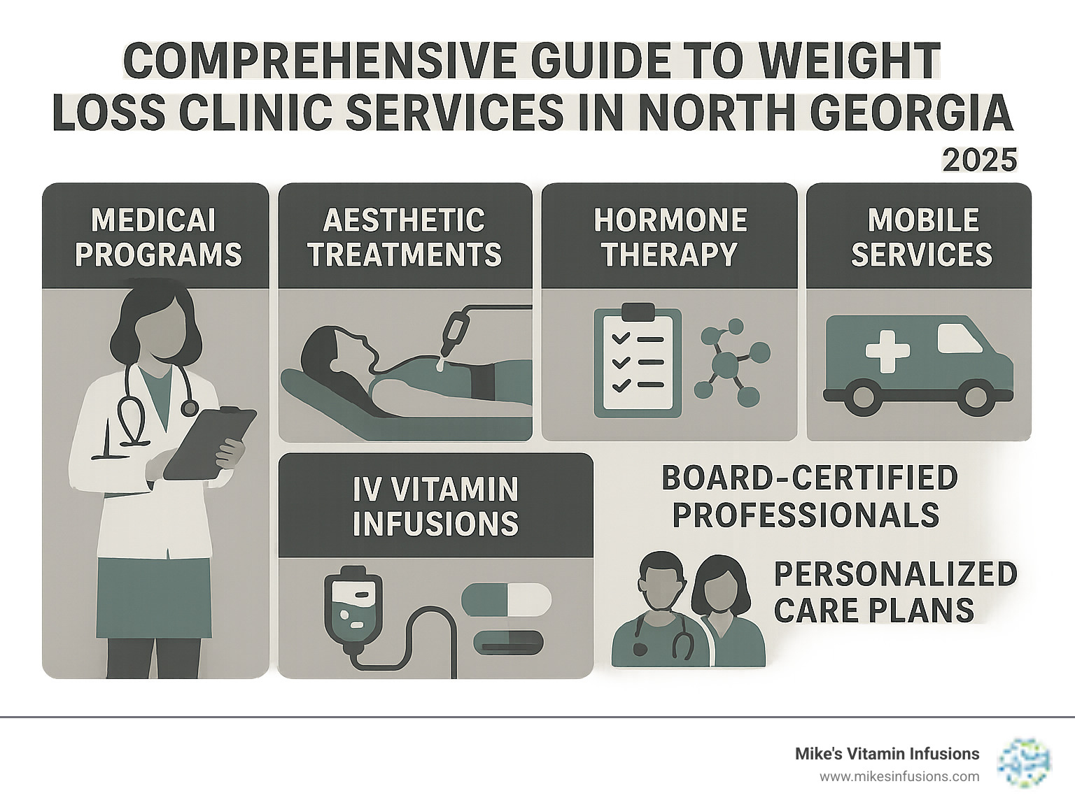 Comprehensive guide to weight loss clinic services in North Georgia showing medical programs, aesthetic treatments, hormone therapy, IV vitamin infusions, and mobile services with board-certified professionals and personalized care plans - weight loss clinic north georgia infographic 