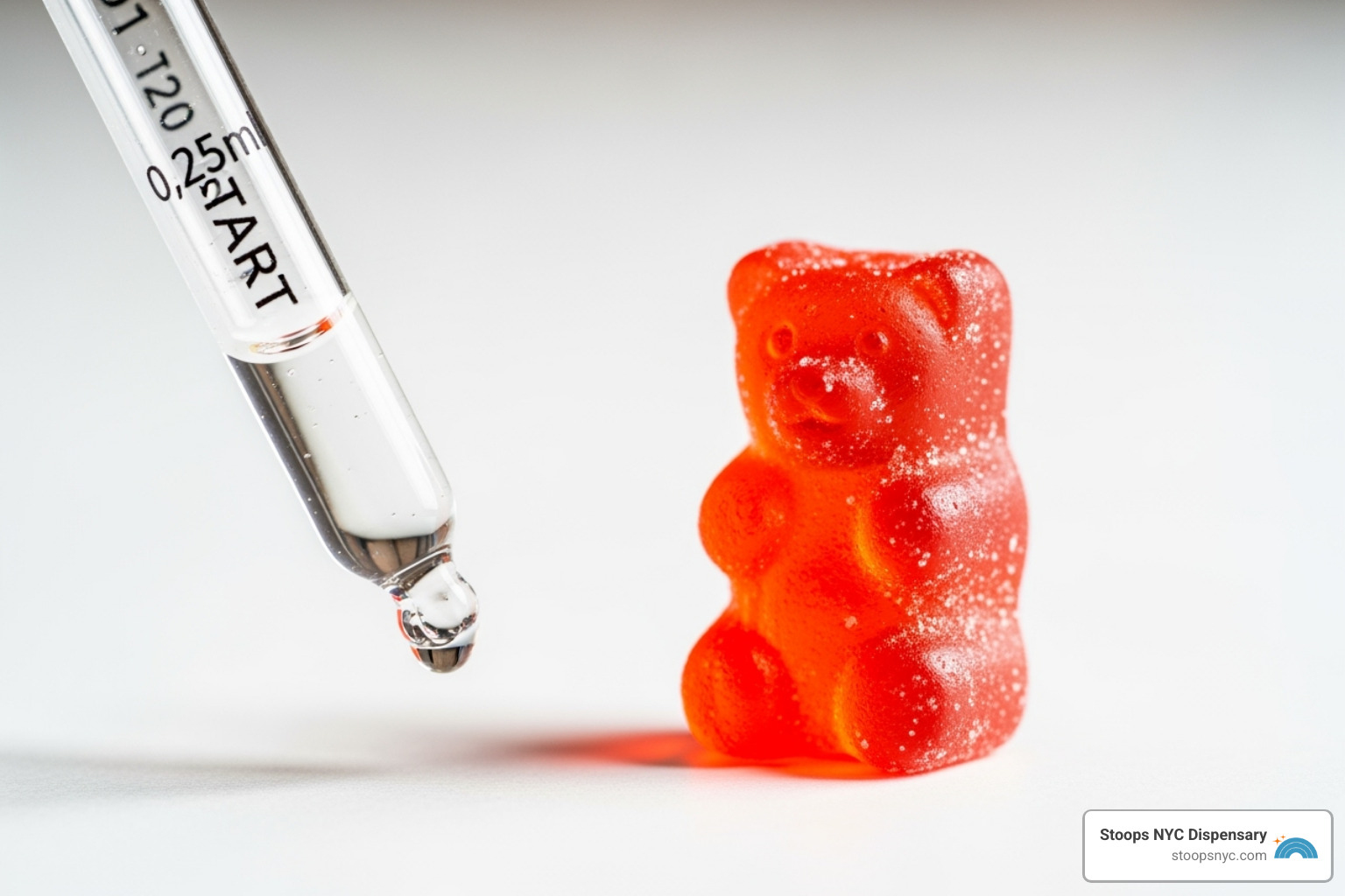 A single gummy or a marked tincture dropper illustrating a recommended starting dose for beginners - edibles for pain
