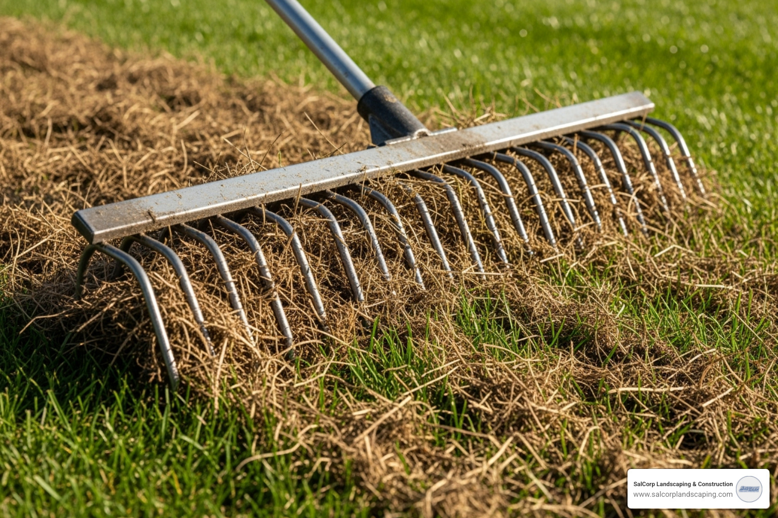 Dethatching rake pulling up thatch - annual lawn care schedule