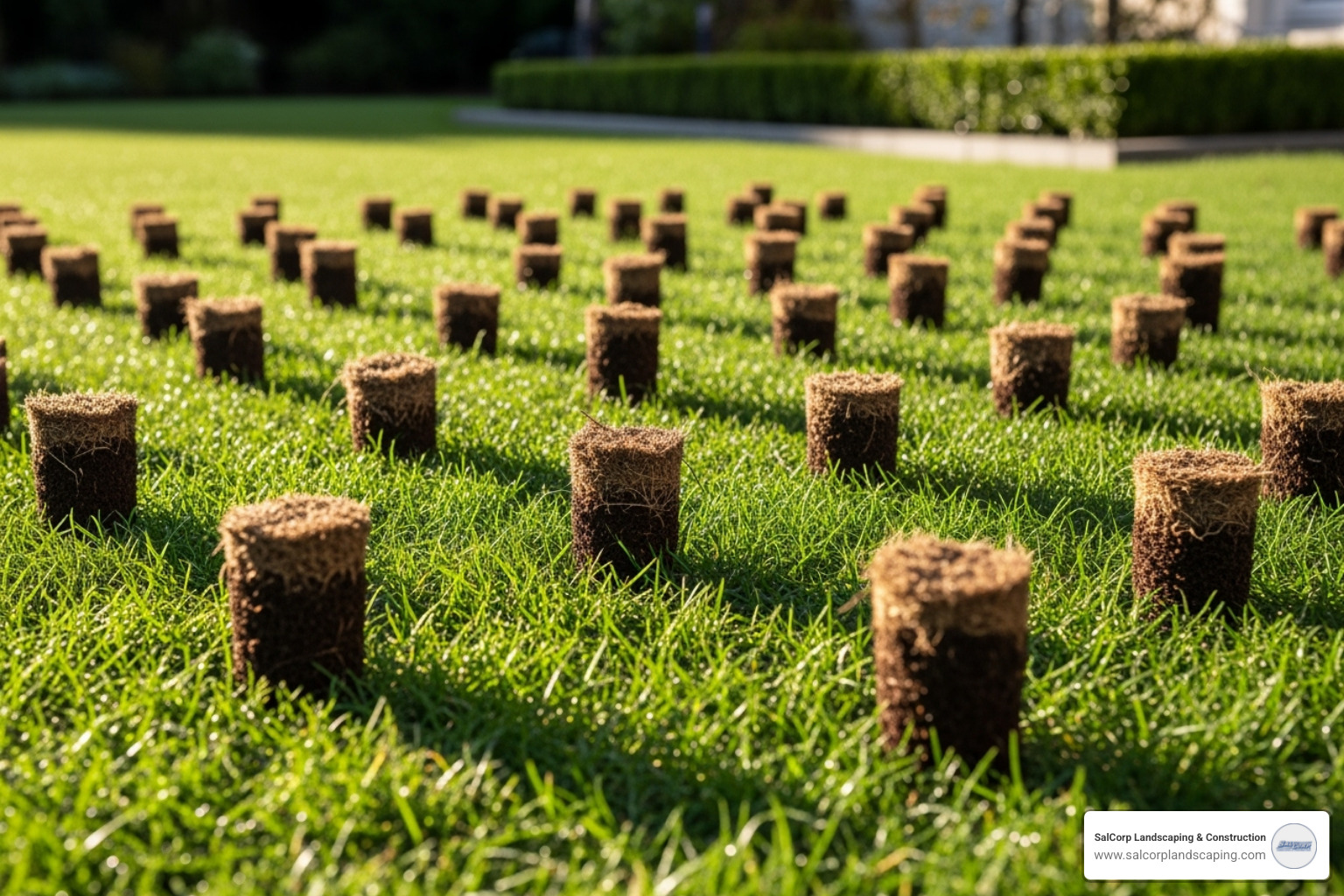 Core aeration plugs on a lawn - annual lawn care schedule