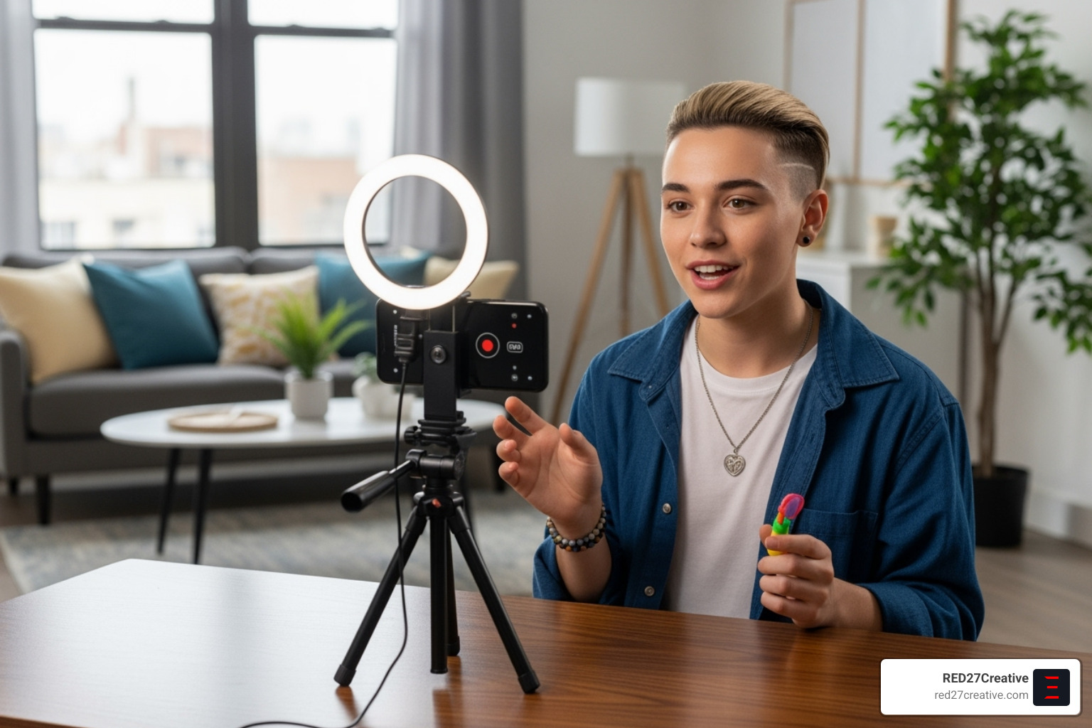 A person creates a short-form video on their smartphone with a ring light, capturing creative social media content - Creative social media content A person creates a short-form video on their smartphone with a ring light, capturing creative social media content - Creative social media content