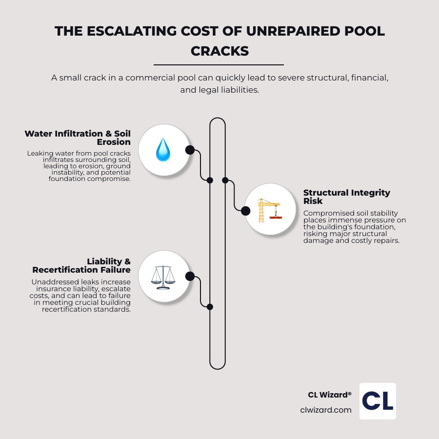 Infographic showing the progression of a small commercial pool crack into major structural damage, depicting stages from initial hairline crack to water infiltration, soil erosion around foundation, increased insurance liability costs, and potential building recertification failure, with dollar signs showing escalating repair costs and liability exposure for property managers - pool concrete crack repair infographic infographic-line-3-steps-neat_beige