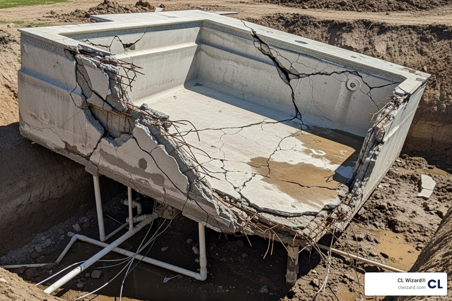 A "popped" or floated pool shell, demonstrating the severe structural damage and potential need for complete replacement due to improper draining and hydrostatic pressure - pool concrete crack repair