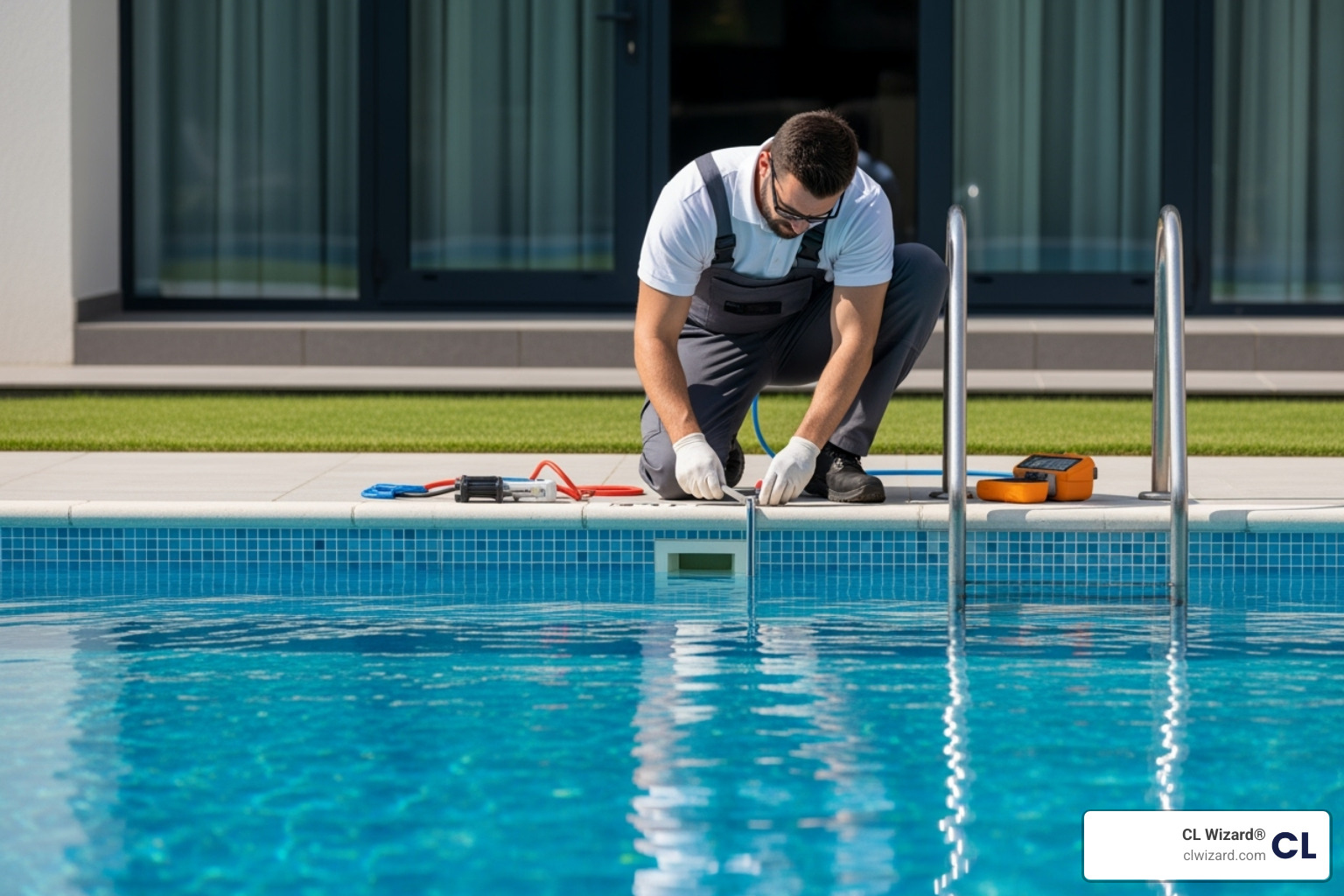 A clean, professional CL Wizard® technician working discreetly near a full swimming pool without heavy equipment, showcasing the non-intrusive nature of the repair process - pool concrete crack repair
