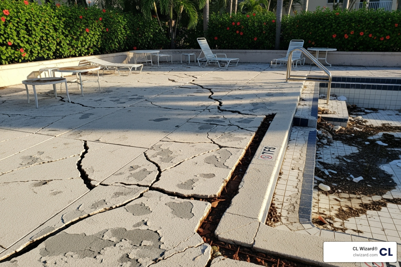 A cracked pool deck area in a large apartment complex, indicating underlying issues with the concrete structure and potential water damage - pool concrete crack repair