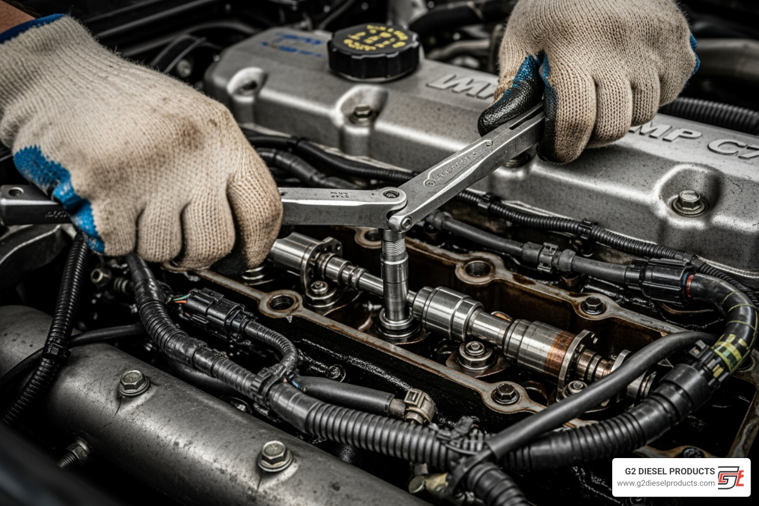 Mechanic using an injector puller tool on an MP7 engine - injector for mp7 2013 mack truck