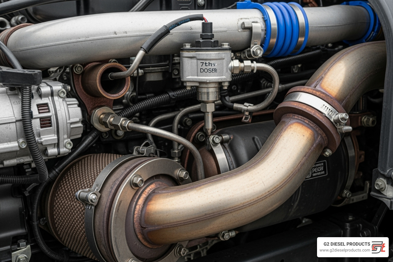 Location of the 7th injector (doser) on the exhaust aftertreatment system, separate from the engine - injector for mp7 2013 mack truck