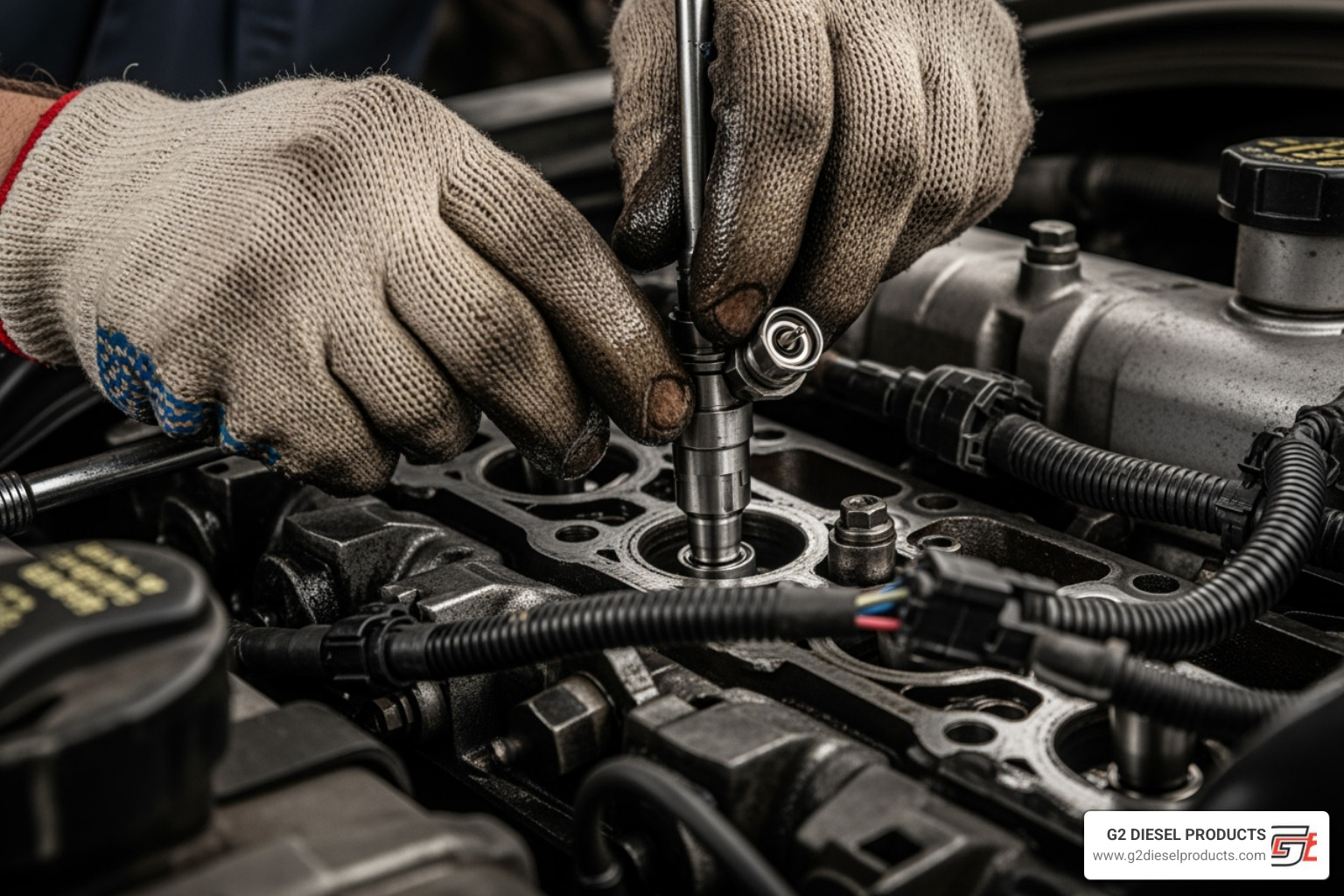 New injector being carefully installed into the cylinder head - injector for mp7 2013 mack truck