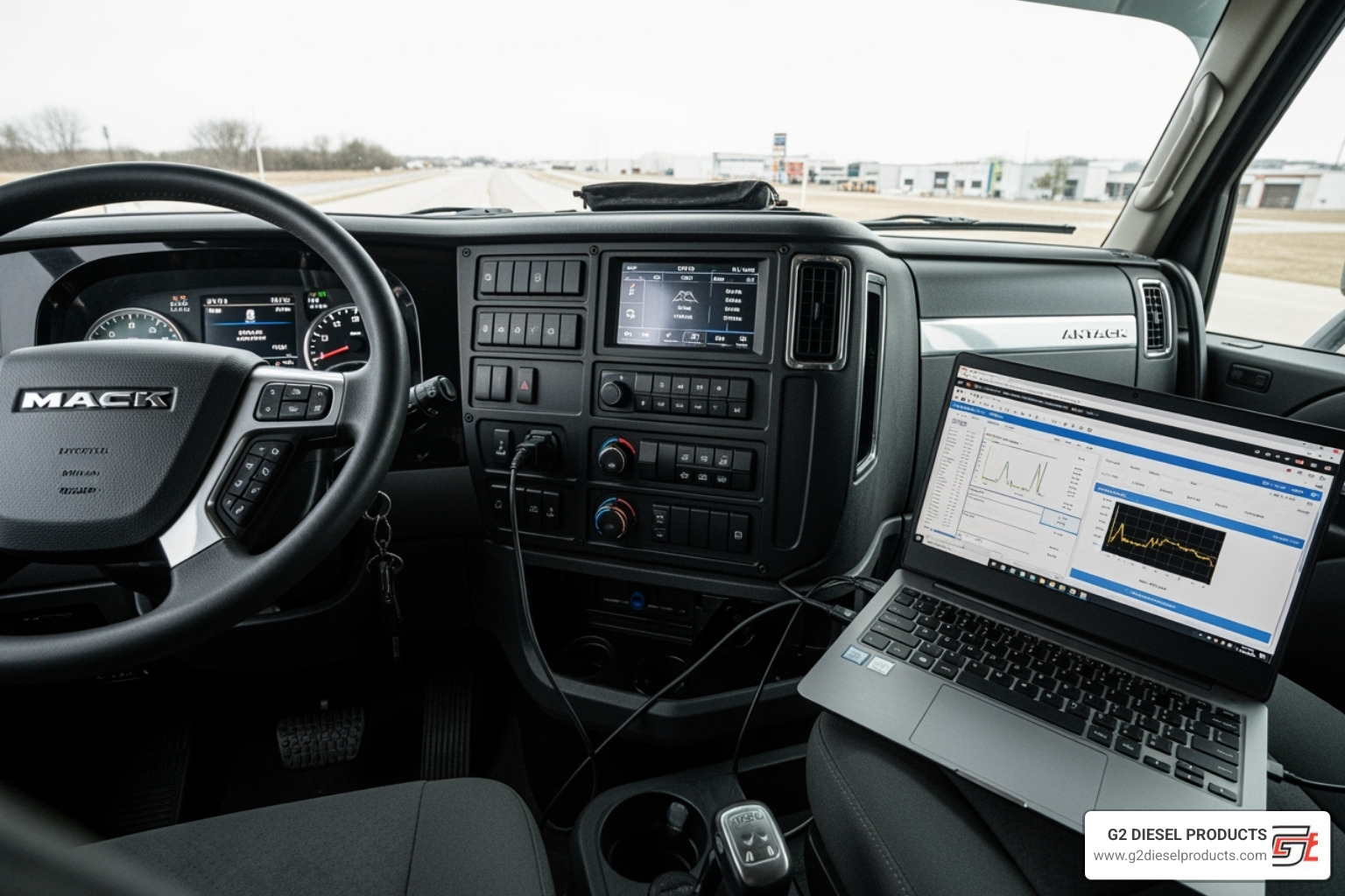 Diagnostic laptop with 'Tech Tool' software connected to a Mack truck's dashboard - injector for mp7 2013 mack truck