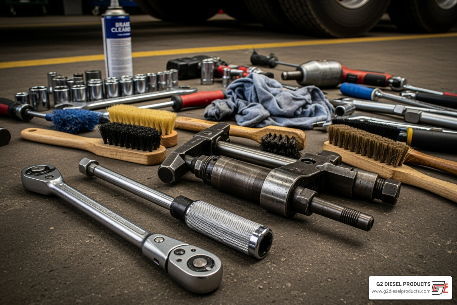 Tools laid out, including a torque wrench, injector puller, and cleaning brushes - injector for mp7 2013 mack truck