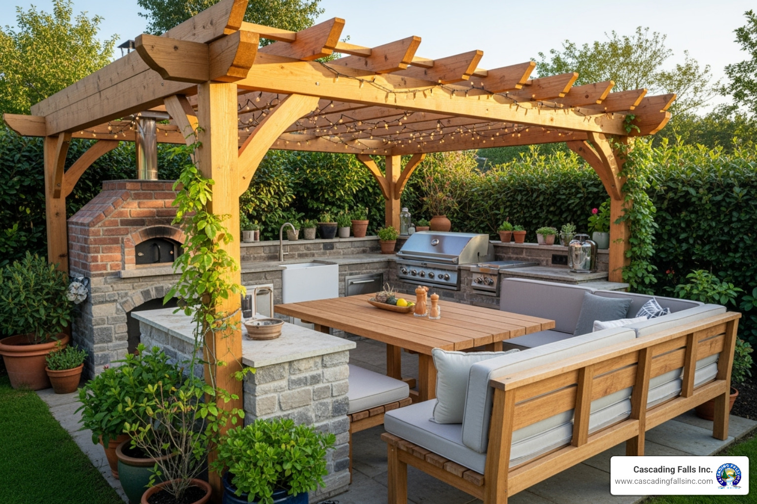 outdoor kitchen under a wooden pergola with built-in seating and a pizza oven - outdoor cooking station outdoor kitchen under a wooden pergola with built-in seating and a pizza oven - outdoor cooking station