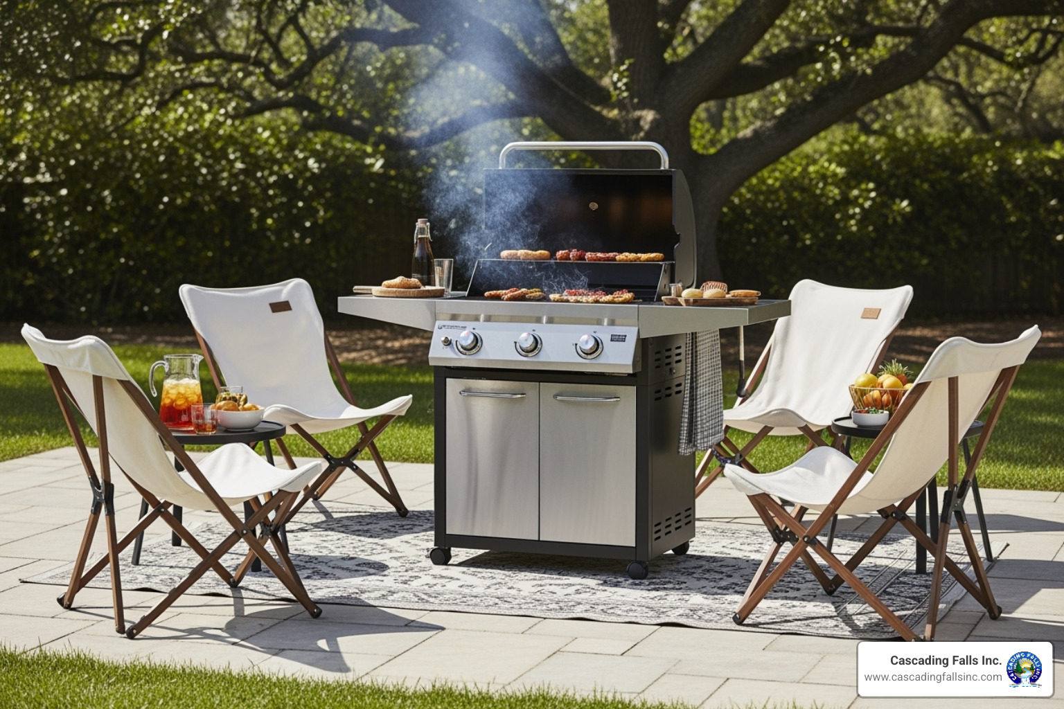 high-end portable grill on a patio with camping chairs - outdoor cooking station high-end portable grill on a patio with camping chairs - outdoor cooking station