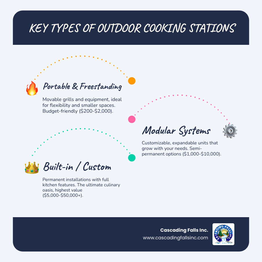 Essential components of an outdoor cooking station including grill placement, prep areas, storage solutions, utility connections, and weather protection elements with recommended spacing and safety clearances - outdoor cooking station infographic infographic-line-3-steps-blues-accent_colors Essential components of an outdoor cooking station including grill placement, prep areas, storage solutions, utility connections, and weather protection elements with recommended spacing and safety clearances - outdoor cooking station infographic infographic-line-3-steps-blues-accent_colors