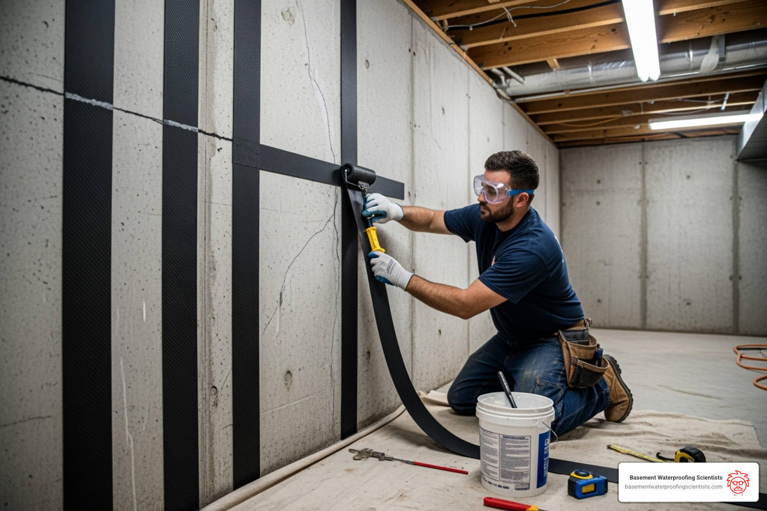 professional applying carbon fiber straps to a basement wall - basement wall crack repair