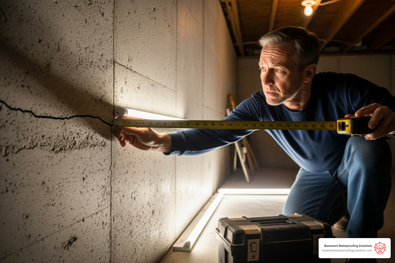 homeowner inspecting a small crack with a tape measure - basement wall crack repair