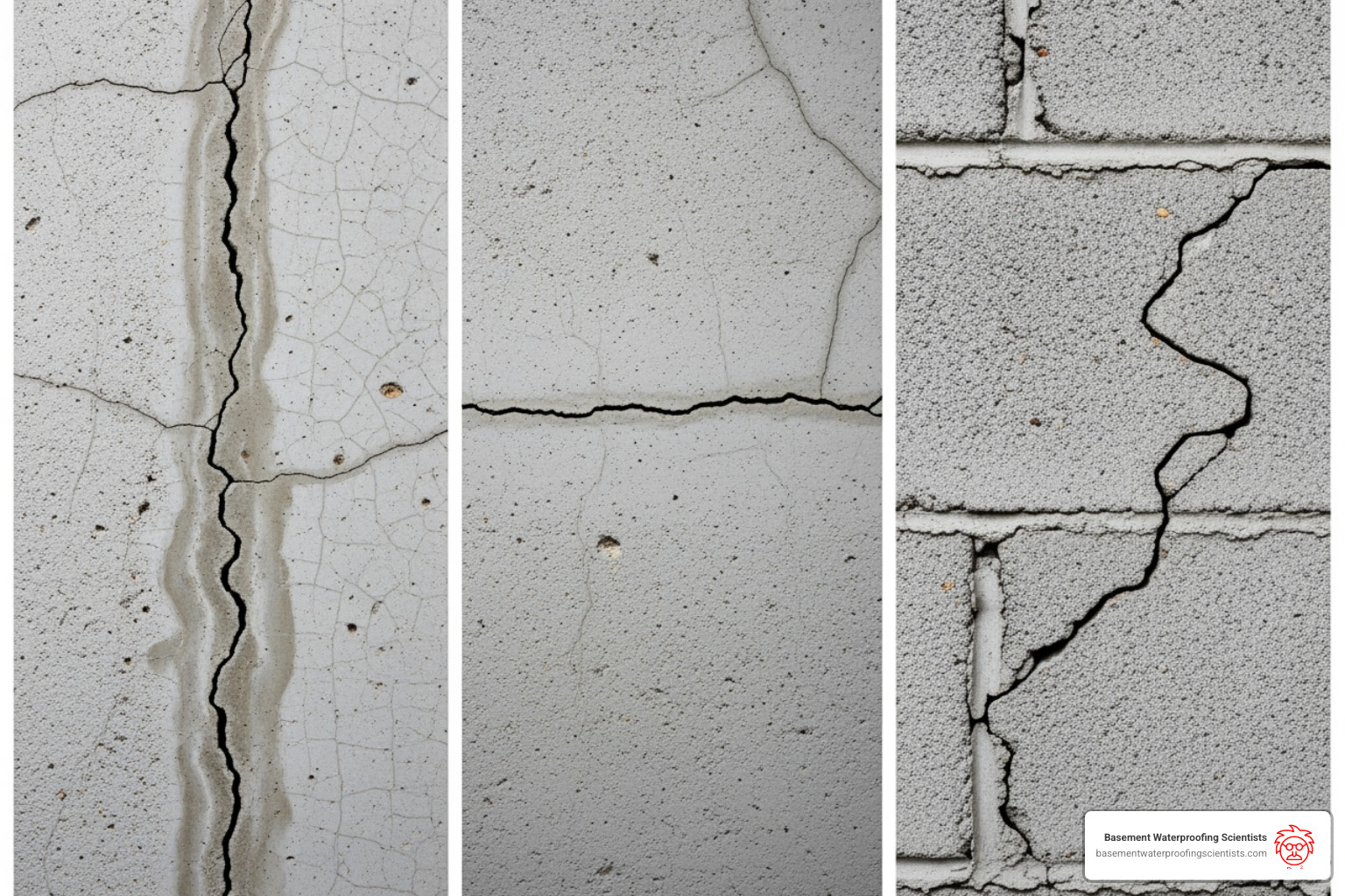 collage showing vertical, horizontal, and stair-step cracks with labels - basement wall crack repair