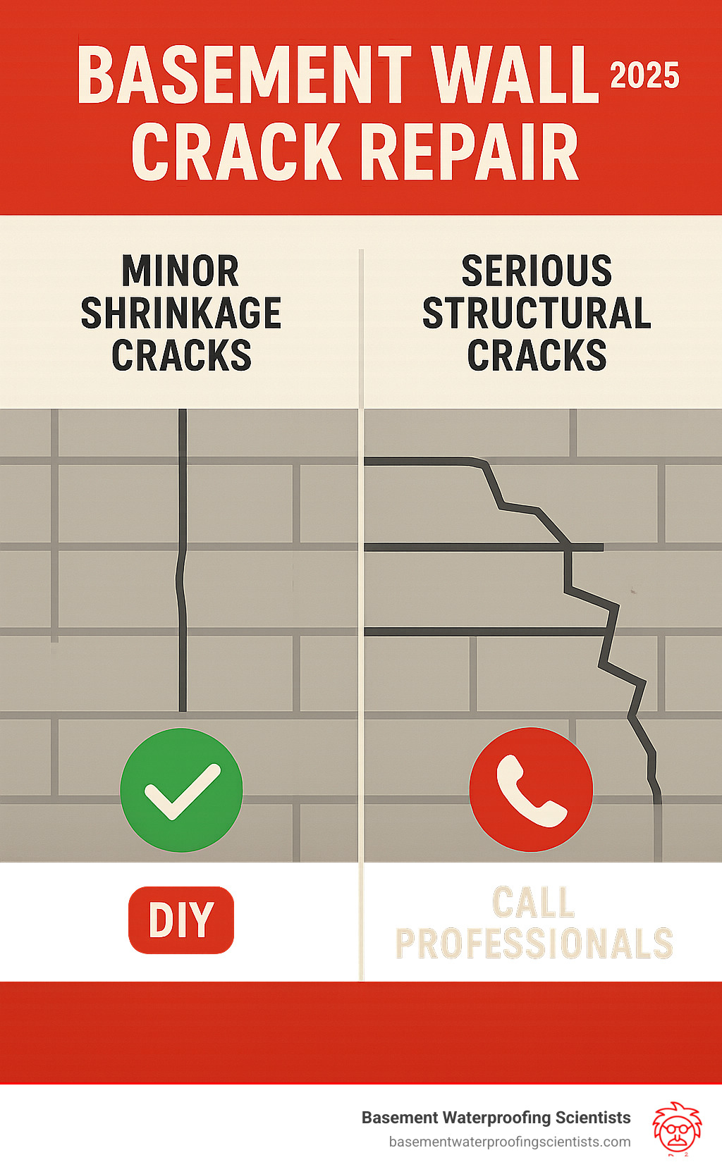 Infographic showing the difference between minor shrinkage cracks (thin vertical lines) and serious structural cracks (wide horizontal or stair-step patterns), with visual indicators for when to DIY versus call professionals - basement wall crack repair infographic 