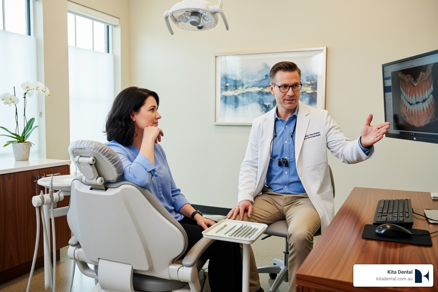 A dental consultation setting in a modern clinic, with a dentist and patient discussing treatment options - how much does teeth whitening cost sydney A dental consultation setting in a modern clinic, with a dentist and patient discussing treatment options - how much does teeth whitening cost sydney