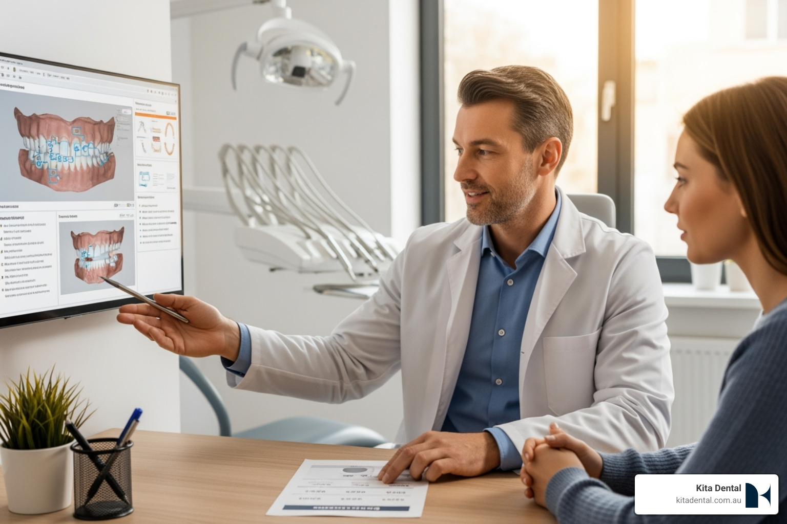 A dentist explaining a treatment plan to a patient, highlighting key factors that influence the overall cost of teeth whitening services - how much does teeth whitening cost sydney A dentist explaining a treatment plan to a patient, highlighting key factors that influence the overall cost of teeth whitening services - how much does teeth whitening cost sydney