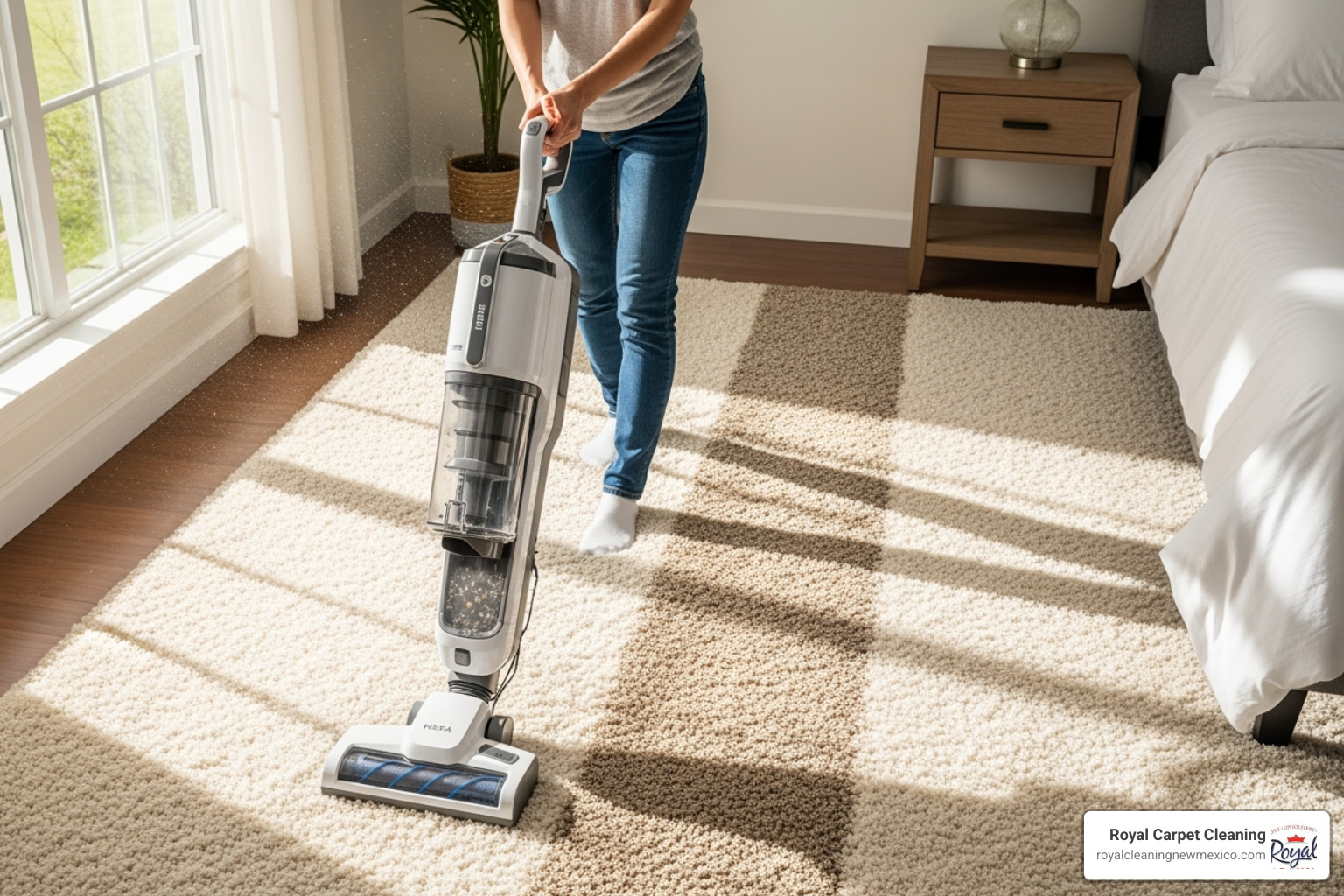 person using a HEPA vacuum on an area rug in a bedroom - home allergen reduction