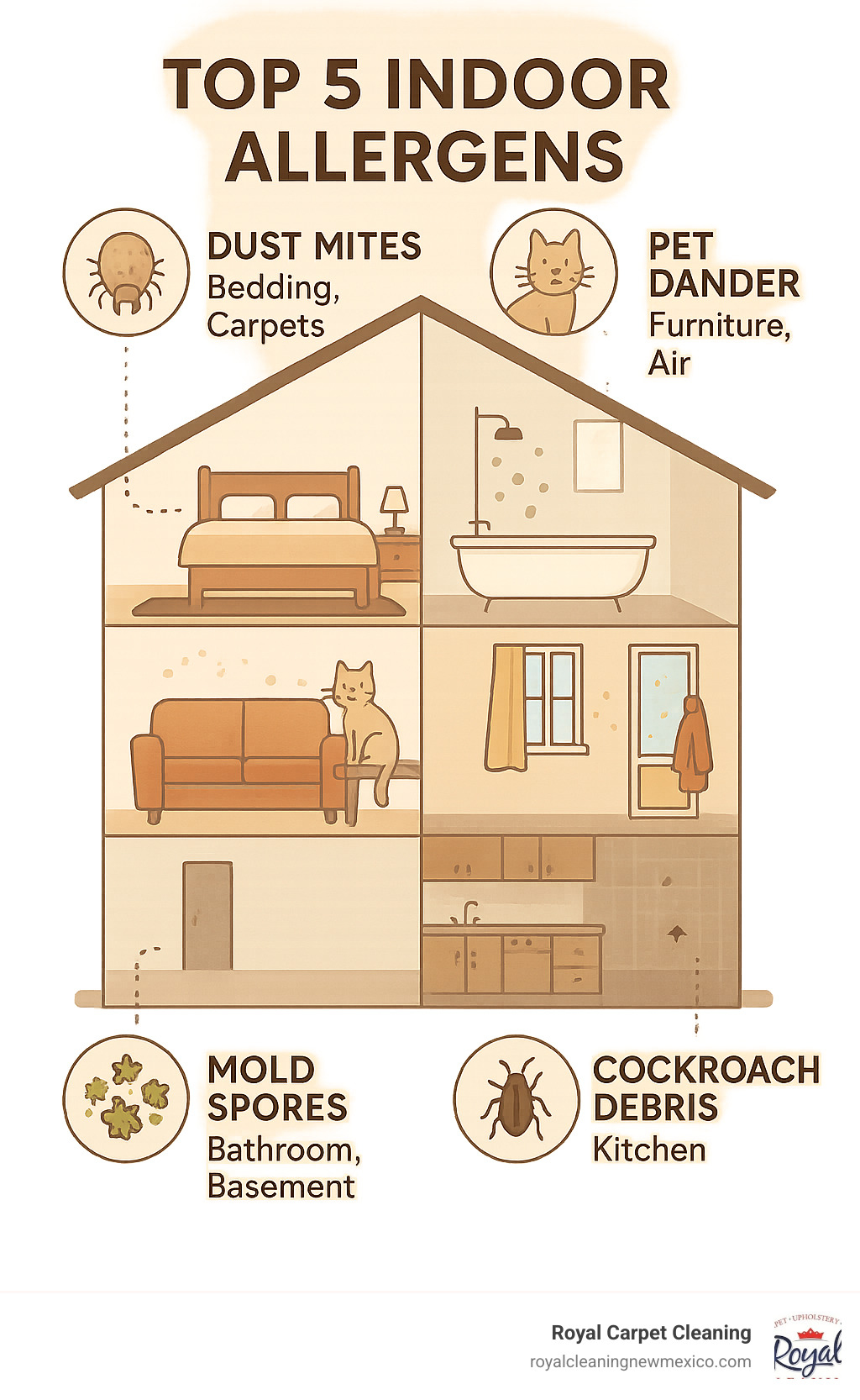 Comprehensive infographic showing the top 5 indoor allergens (dust mites in bedding and carpets, pet dander on furniture and floating in air, mold spores in bathrooms and basements, pollen entering through windows and on clothing, cockroach debris in kitchens) with visual representations of where each allergen is commonly found throughout a typical home layout - home allergen reduction infographic 