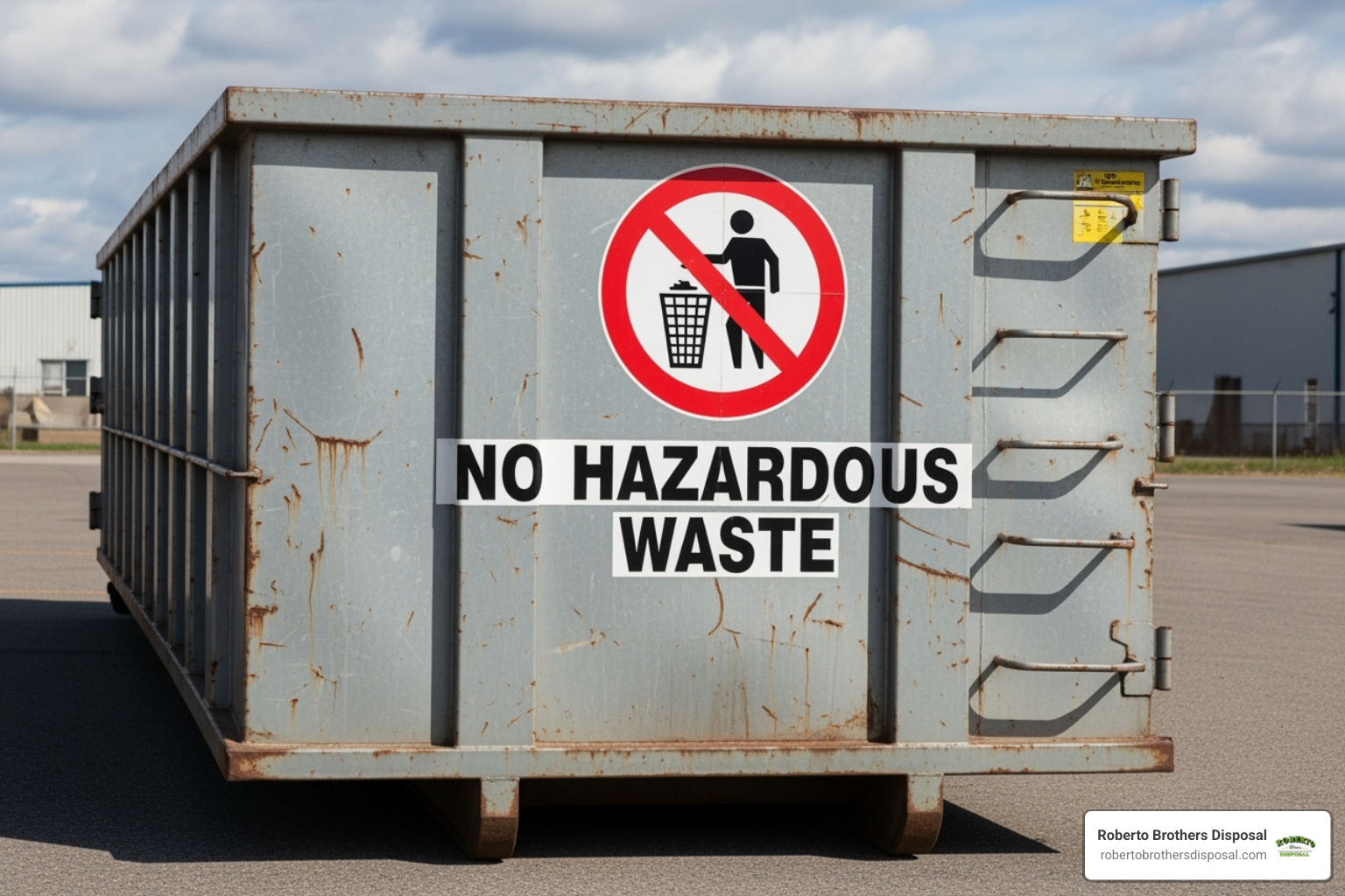 Dumpster with a clear "No Hazardous Waste" symbol on it - Commercial dumpster prices