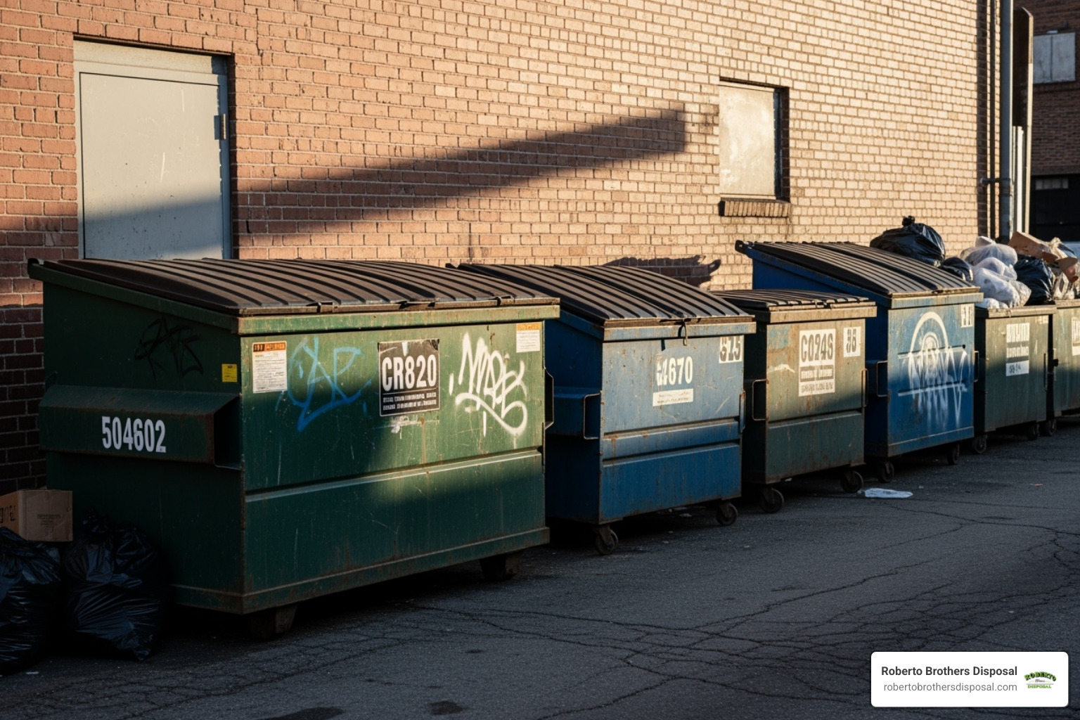 Different sizes of commercial dumpsters lined up - Commercial dumpster prices