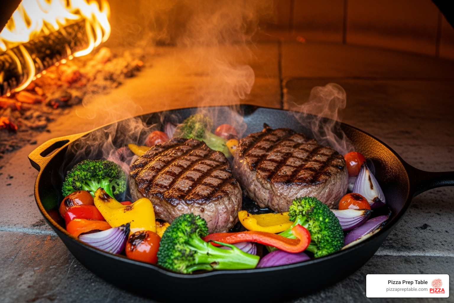 Cast iron skillet with sizzling steaks and roasted vegetables inside a pizza oven - pizza oven
