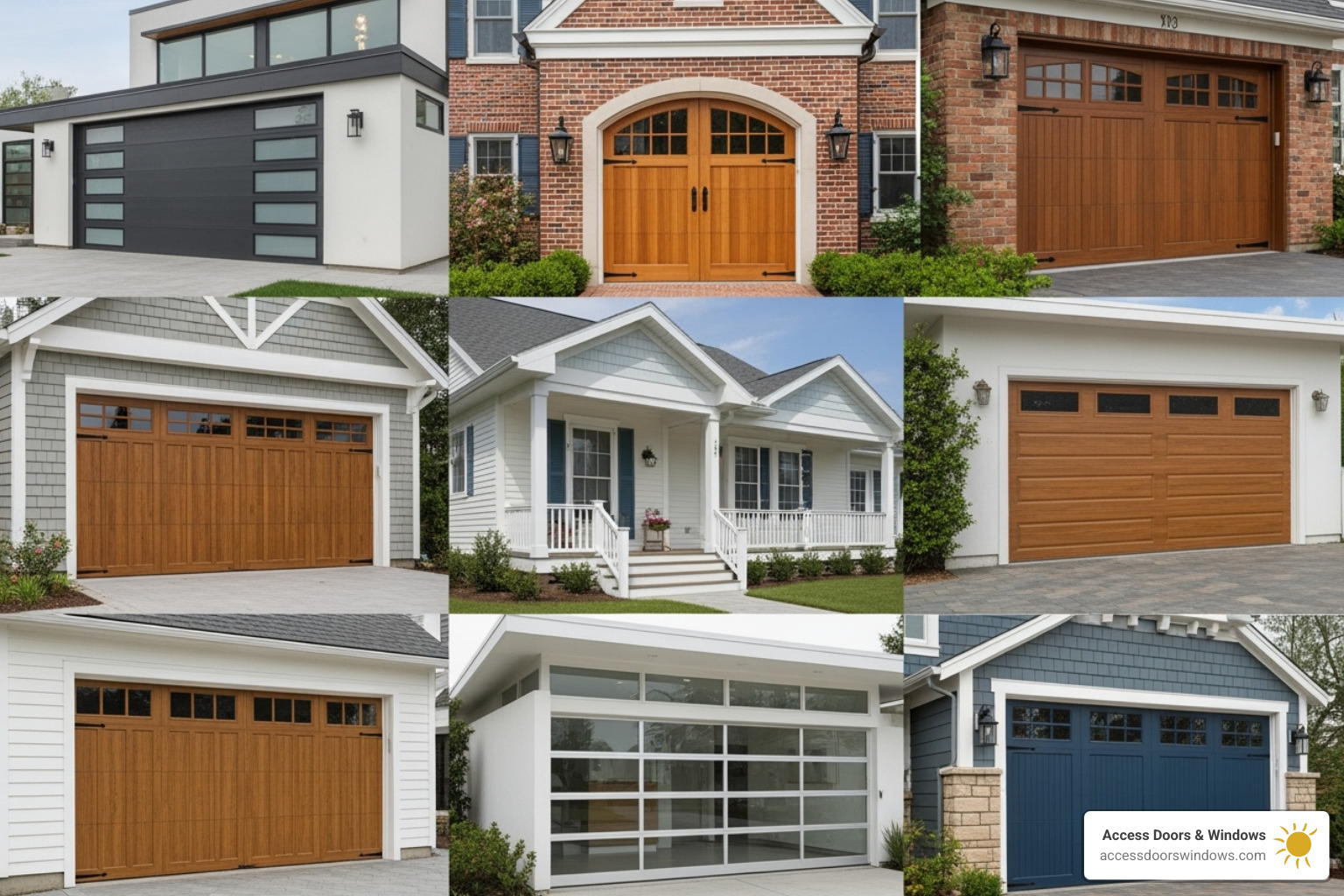 collage of different hurricane-rated garage door styles and materials - hurricane impact garage door