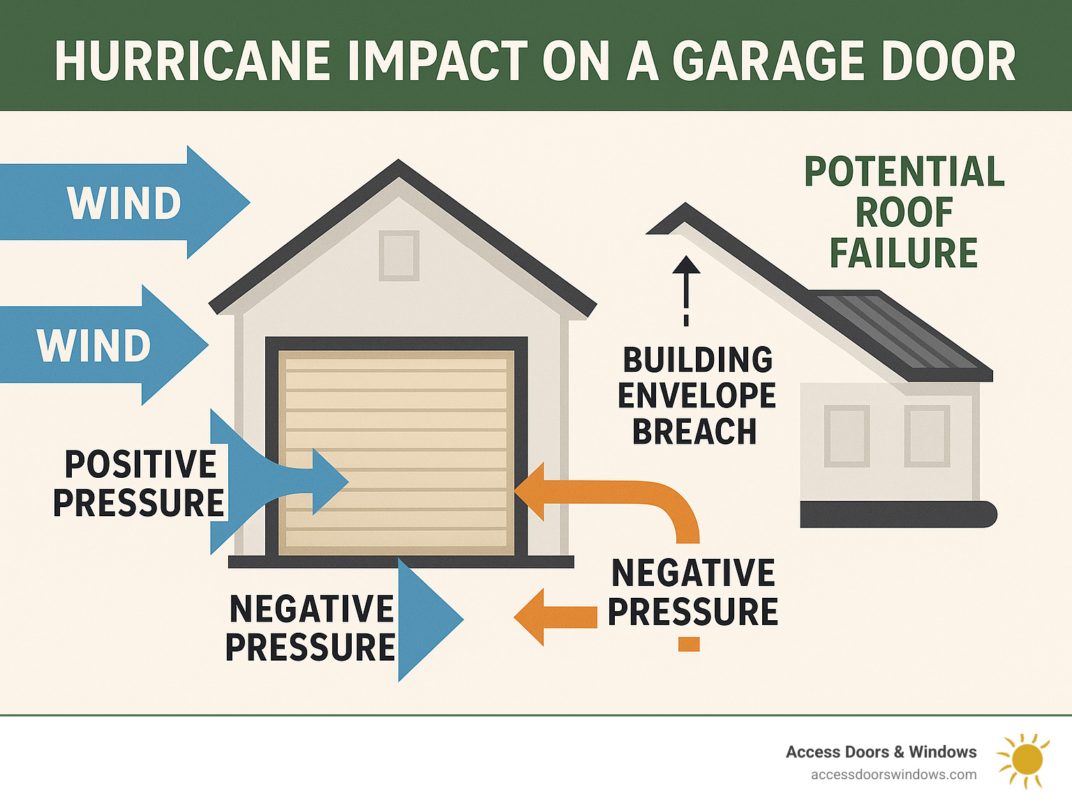 Infographic showing how hurricane winds create positive and negative pressure on a garage door, causing building envelope breach and potential roof failure, with arrows indicating wind flow patterns and pressure zones - hurricane impact garage door infographic 