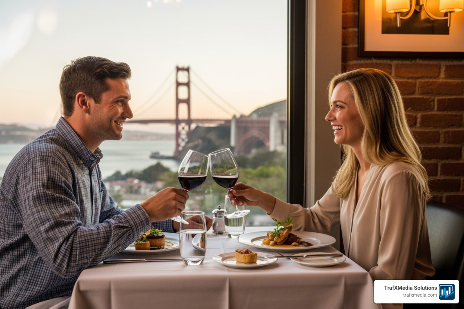 Happy Caucasian couple enjoying a meal at a San Francisco restaurant - reputation management for restaurants