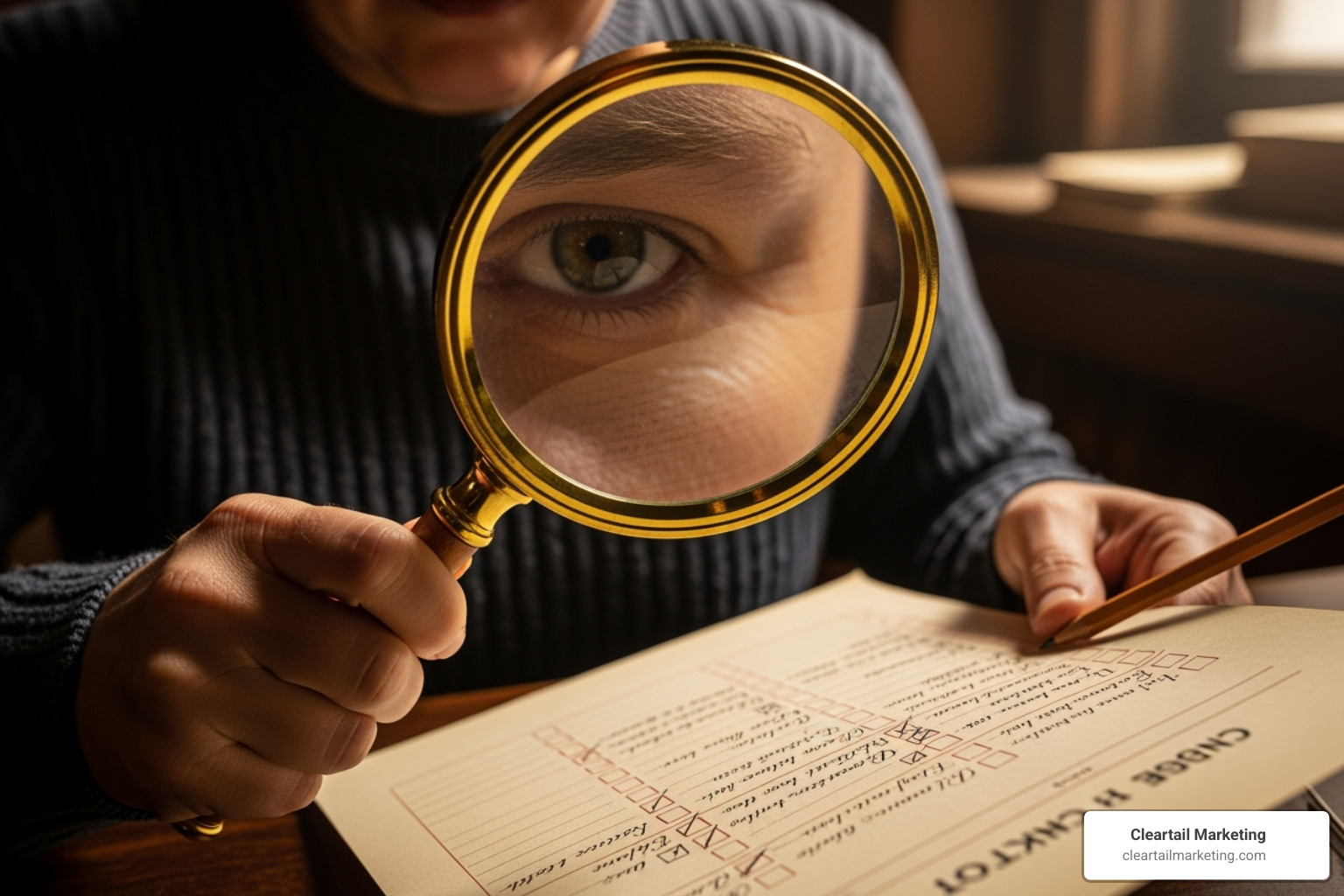 Person looking at a checklist with a magnifying glass - affordable social media management services for small businesses